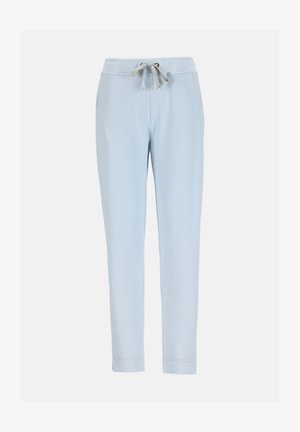 Pantalones ajustados de color azul claro con cintura de cordón y bolsillos laterales, exhibidos sobre un fondo blanco liso.