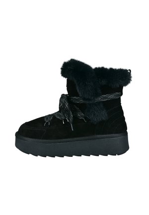 Schwarze Wildleder-Ankle-Boots mit einem Kunstfellbesatz, runder Spitze, strukturiertem Plateausohle und flachen Schnürsenkeln. Das Gesamtdesign ist einfach und utilitaristisch.