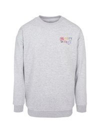 Sweatshirt gri cu mâneci lungi, guler rotund și manșete ribbrate. Pe pieptul stâng se află un design de text multicolor "HOLLY Jolly". Textură moale.