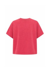 Rotes kurzärmeliges Cropped-T-Shirt mit Rundhalsausschnitt, von hinten auf weißem Hintergrund gezeigt.