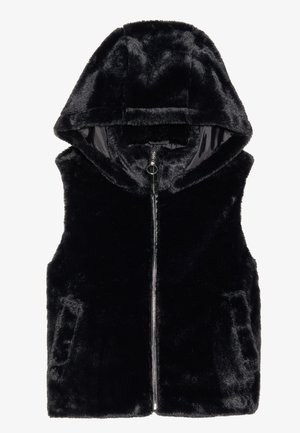 Black faux fur vest with a cinched hood, smooth zipper closure, and two side pockets. Soft texture with a glossy finish.