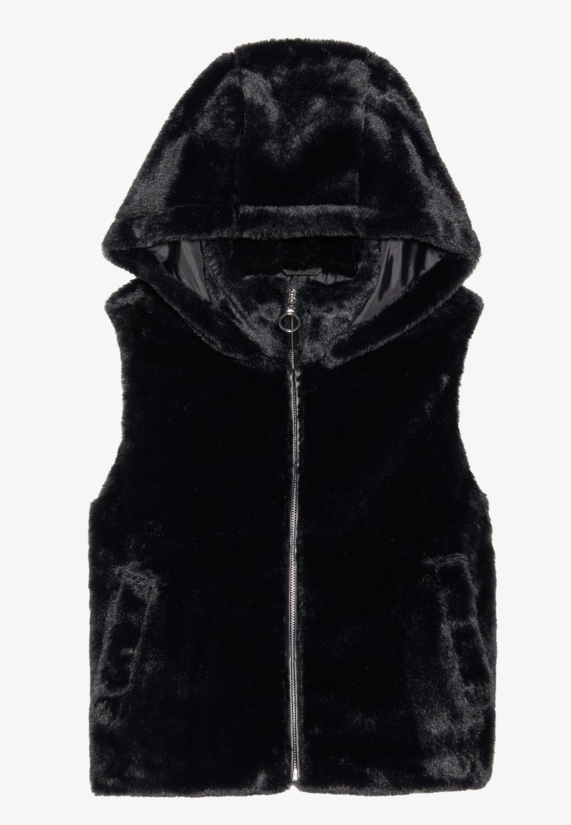 Gilet in pelliccia sintetica nera con cappuccio arricciato, chiusura con zip liscia e due tasche laterali. Tessuto morbido con finitura lucida.