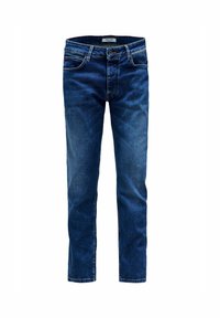 Jeans od trapera u tamnoplavoj boji s ravnim krojem, dizajnom od pet džepova i suptilnim izbljeđivanjem. Ima petlje za remen i kopčanje na dugme.