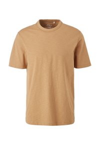 Beiges T-Shirt mit kurzen Ärmeln aus weicher Baumwolle, ausgestattet mit einem klassischen Rundhalsausschnitt und einer dezenten Textur im gesamten Stoff.