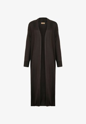 Long, open-front cardigan made of soft, dark brown fabric with long sleeves and a relaxed fit. No buttons or fastenings; smooth texture.