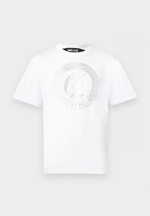 Witte korte mouw T-shirt met een ronde hals, met een glanzend, geperst cirkelvormig logo en de tekst "Just Cavalli" aan de voorkant.