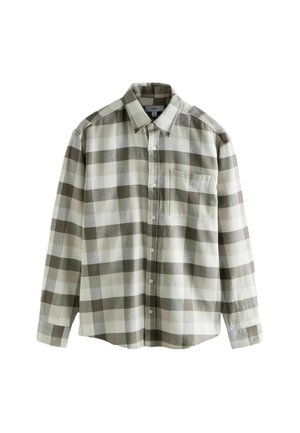 Chemise à carreaux à manches longues avec boutons, dans des nuances de beige, gris et blanc, avec une poche poitrine et un col classique.