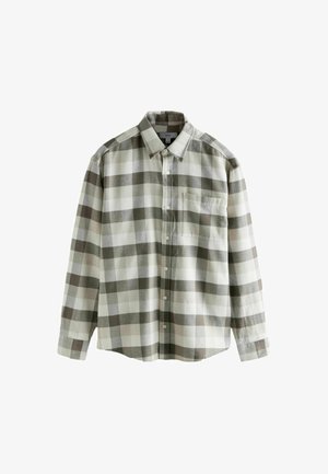 Chemise à carreaux à manches longues avec boutons, dans des nuances de beige, gris et blanc, avec une poche poitrine et un col classique.