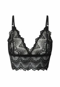 Svart spets-bra med scallopkant, justerbara axelband och blommönster. Mjuk textur med genomskinliga sektioner.