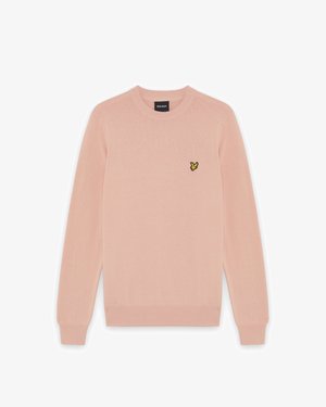 Lyserød langærmet trøje med rund hals og ribstrikkede manchetter og kant, med en lille gul-og-sorte fuglelogo på venstre bryst.