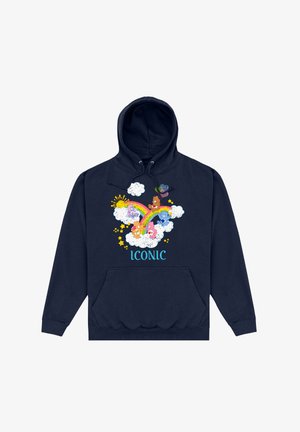 Marineblauer Kapuzenpullover mit Fronttasche, der farbenfrohe Cartoon-Bär-Designs, Wolken, einen Regenbogen und das Wort "ICONIC" in Türkis zeigt.