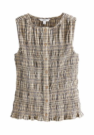 Top sans manches à motif écossais marron et beige avec une texture froncée, un col rond, des boutons à l'avant et un ourlet volants.