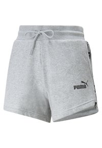 Pantaloni sportivi leggeri grigi chiari realizzati in tessuto morbido, con vita regolabile tramite cordino e logo Puma nero sul lato con accenti a motivo.