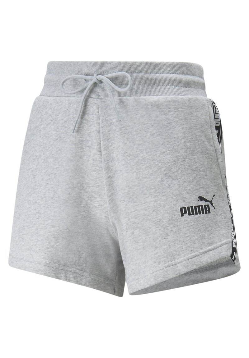Pantaloni sportivi leggeri grigi chiari realizzati in tessuto morbido, con vita regolabile tramite cordino e logo Puma nero sul lato con accenti a motivo.