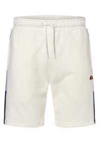 Pantalones cortos de algodón color crema con cintura elástica y cordón. Presentan paneles laterales en azul marino y un pequeño detalle del logotipo.