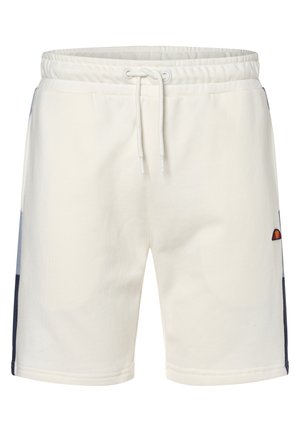 Pantalones cortos de algodón color crema con cintura elástica y cordón. Presentan paneles laterales en azul marino y un pequeño detalle del logotipo.