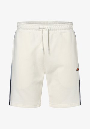 Pantalones cortos de algodón color crema con cintura elástica y cordón. Presentan paneles laterales en azul marino y un pequeño detalle del logotipo.