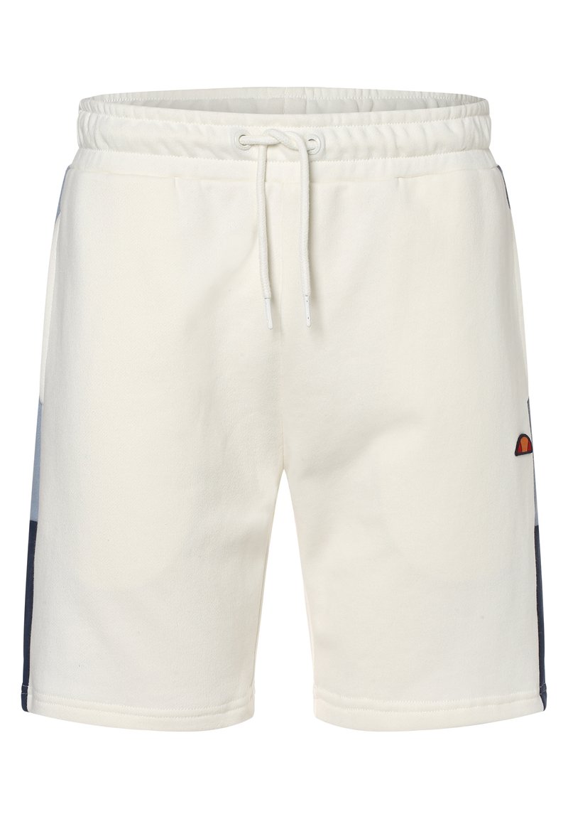 Pantalones cortos de algodón color crema con cintura elástica y cordón. Presentan paneles laterales en azul marino y un pequeño detalle del logotipo.