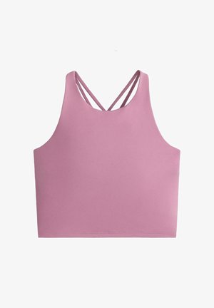 Top court lilas avec double bretelles fines croisées dans le dos, en tissu lisse et extensible.