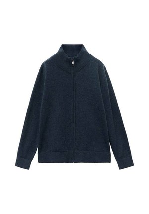 Granatowy sweter dziany na pełny zamek błyskawiczny z wysokim prążkowanym kołnierzem i długimi rękawami, rozłożony na płasko, widok z przodu.
