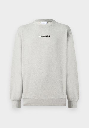 Light gray long-sleeve crewneck sweatshirt with ribbed cuffs and hem, featuring black "J.LINDEBERG" text centered on the chest.