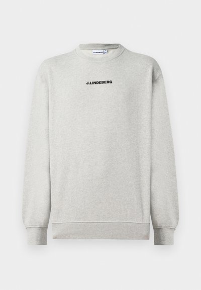 Lys grå langermet crewneck sweatshirt med ribbestrikkede mansjetter og kant, med sort "J.LINDEBERG" tekst i midten av brystet.