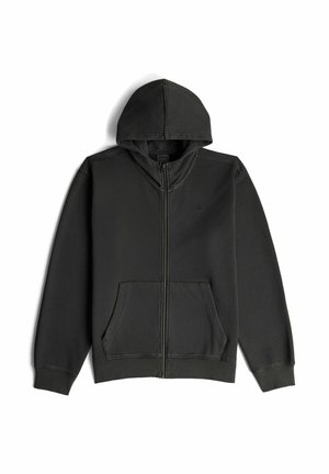 Schwarzes Kapuzen-Sweatshirt mit durchgehendem Reißverschluss, Fronttaschen und gerippten Bündchen, flach auf weißem Hintergrund liegend.