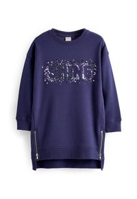 Tmavě modré šaty ve stylu svetru se slovem "SHINE" na flitrům, s bočními zipy na spodním okraji a žebrovanými manžetami. Hladká textilie z bavlněné směsi.