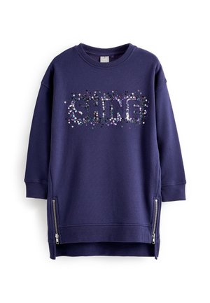 Marineblaue Sweatshirtkleid mit "SHINE" aus Pailletten, seitlichen Reißverschlüssen am Saum und gerippten Bündchen. Angenehme Baumwollmischung.