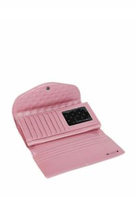 Pink leather wallet with a textured surface, featuring multiple card slots, a transparent ID window, and a snap closure.