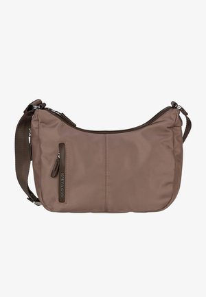 Borsa a spalla in nylon marrone con una texture liscia, forma curvata, zip superiore e tasca laterale con zip. Cinghia regolabile, design minimalista.