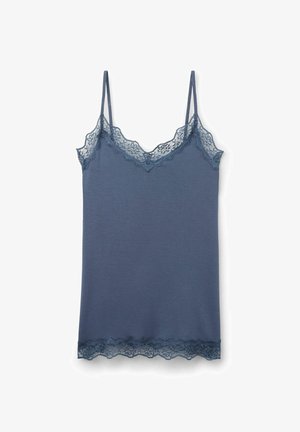 Camisole in diepblauwe stof met kantafwerking langs de halslijn en zoom, voorzien van dunne verstelbare bandjes voor een op maat gemaakte pasvorm.