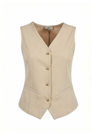 Gilet beige senza maniche con scollo a V, quattro bottoni sul davanti e due tasche a fessura in vita.