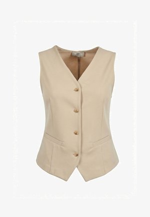 Veste beige sans manches avec col en V, quatre boutons sur le devant et deux poches fendues à la taille.