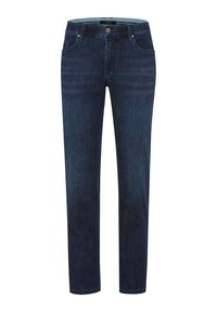 Dark blue denim jeans with a straight leg design, featuring two front pockets, a single back pocket, and a classic button closure.