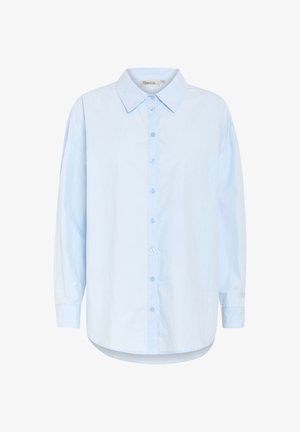 Light blue shirt made of soft fabric, featuring a classic collar, button front closure, long sleeves, and a curved hem.