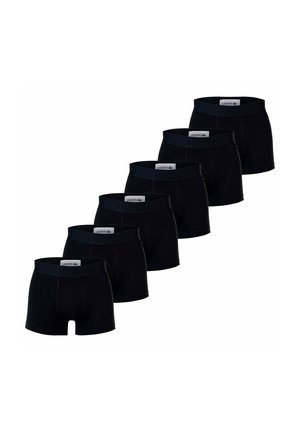 Black boxer briefs in a set of six, made from cotton with elastic waistbands, featuring a logo on the front, smooth texture, and standard fit.