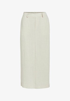 Beige linen skirt with a straight cut, mid-length. Features side pockets and a banded waist with belt loops. Soft, textured fabric.