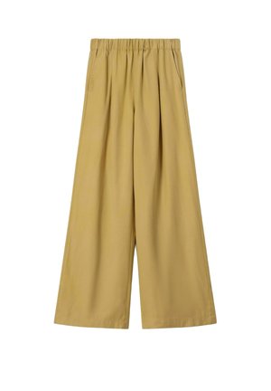 Beige broek met wijde pijpen, elastische tailleband en zijzakken, ontworpen voor een ontspannen pasvorm.