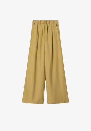Pantalon beige à jambes larges avec taille élastique et poches latérales, conçu pour une coupe décontractée.