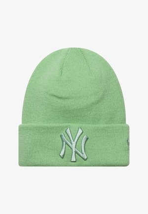 Light green knitted beanie with folded brim featuring an embroidered New York Yankees logo in matching green tones.