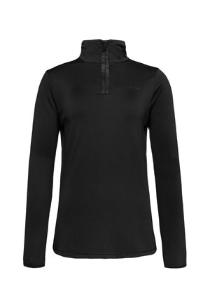 Čierny pulóver s dlhým rukávom a vysokým golierom, vyrobený z hladkej tkaniny; má polovičný zips vpredu a minimálne logo na hrudi.