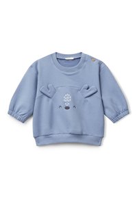 Světle modrý dětský sweatshirt s elastickými manžetami, kulatým výstřihem, knoflíkem na rameni a usmívající se tváří jelena s výšivkou parohů vpředu.