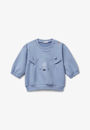 Sudadera para niña pequeña de color azul claro con puños elásticos, cuello redondo, botón en el hombro y una carita de ciervo sonriente con astas bordadas en el frente.