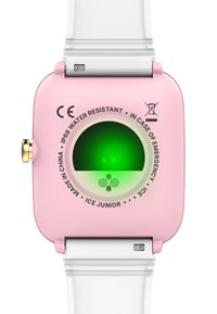 Rosa quadratische Smartwatch mit einem weißen Armband. Verfügt über einen grünen runden Sensor und einen Hinweis auf Wasserbeständigkeit. Auffälliger goldener Akzent an der Seite.
