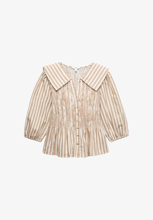 Beige en wit gestreepte blouse met verticale strepen, brede kraag, knopen aan de voorkant, geplooide pasvorm en lange opgeblazen mouwen met elastische manchetten.