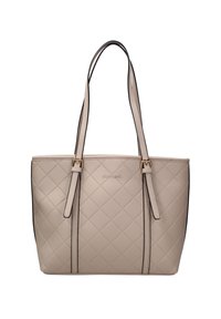 Borsa a tracolla beige trapuntata con bordi neri, manici doppi e dettagli in oro. Presenta un motivo a rombi su materiale resistente.