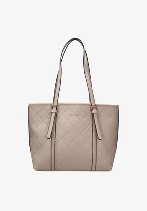 Beige gequilted totebag met zwarte accentranden, dubbele handvatten en gouden hardware. Beschikt over een ruitpatroon op duurzaam materiaal.