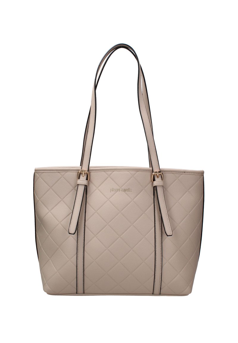 Borsa a tracolla beige trapuntata con bordi neri, manici doppi e dettagli in oro. Presenta un motivo a rombi su materiale resistente.