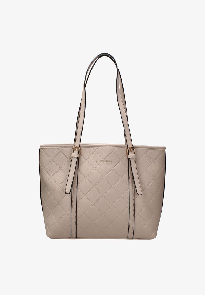 Beige gequilted totebag met zwarte accentranden, dubbele handvatten en gouden hardware. Beschikt over een ruitpatroon op duurzaam materiaal.